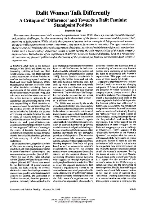 Dalit Women's Voices: A Critique of Feminist Difference - Studocu