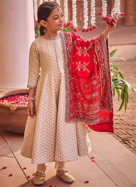 Kids Off White and Red Embroidered Anarkali