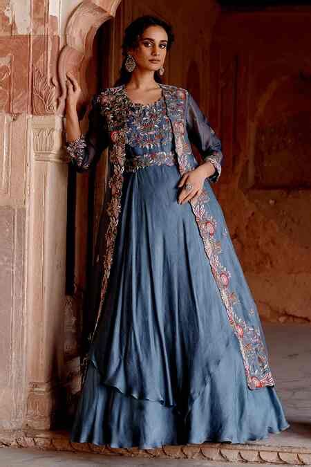 Buy Blue Satin, Organza, Chiffon, Embroidery, Floral Zardozi Anarkali ...