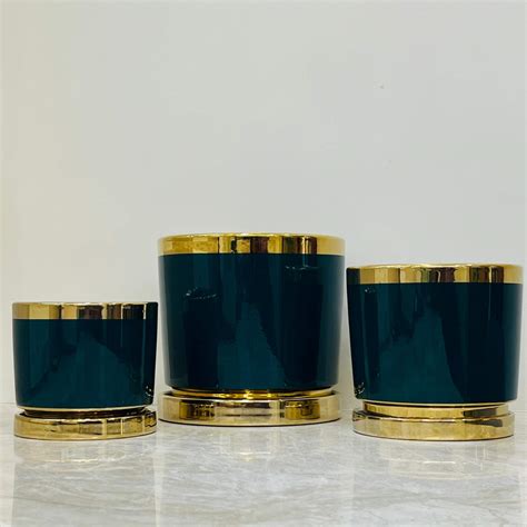 Glossy Green Ceramic Planters with Gold Rim – Luxury Indoor Plant Pot ...