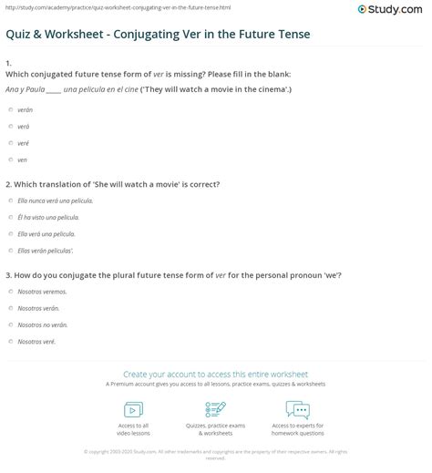 Quiz & Worksheet - Conjugating Ver in the Future Tense | Study.com
