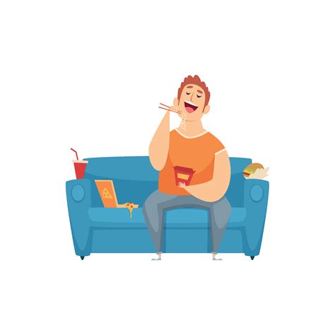 Sedentary lifestyle man woman sitting relaxing eating food lazy working ...