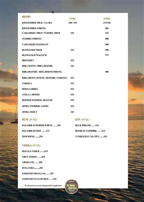 Menu at The Marina Upper Deck - Rooftop Cafe - Sea Palace Hotel, Mumbai
