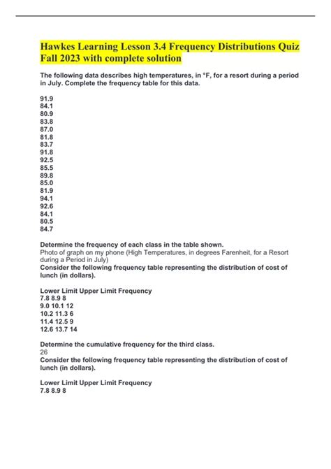 Hawkes Learning Lesson 3.4 Frequency Distributions Quiz Fall 2023 with ...