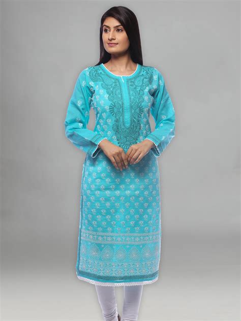 Seva Chikan Hand Embroidered Turquoise Cotton Lucknowi Chikan Kurti-SC