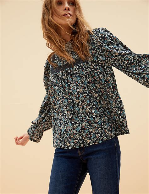 Buy Pure Cotton Floral Lace Insert Blouse at Marks & Spencer