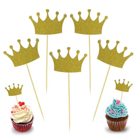 Buy Gold Glitter Crown Cupcake Toppers - 40Pcs Crown Cake Topper ...