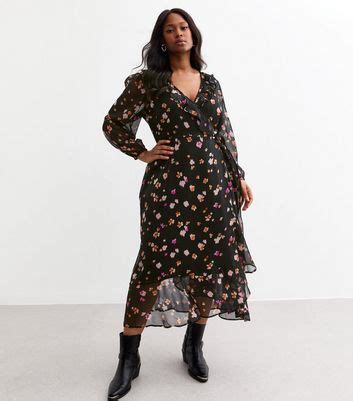 Curves Black Floral Print Chiffon Wrap Midi Dress | New Look