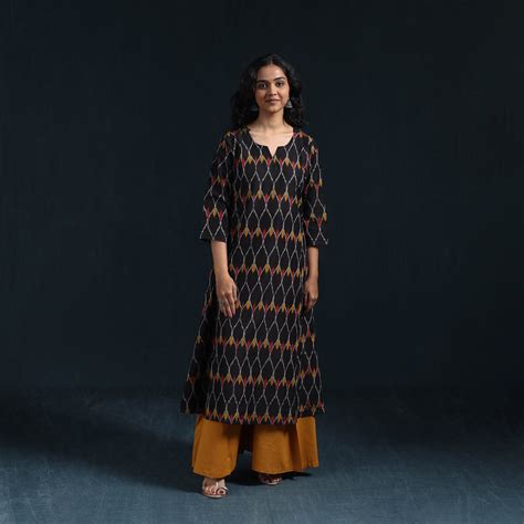 Black Mercerised Cotton A-Line Pochampally Ikat Kurta for women