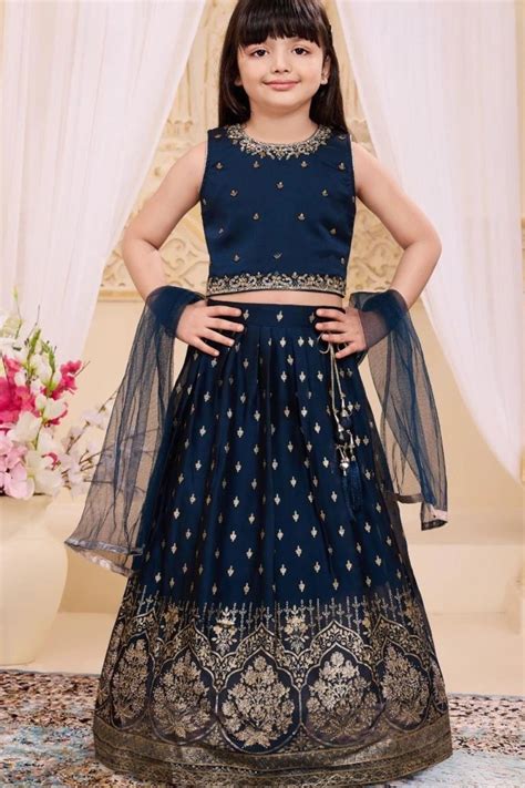 Navy Blue With Gold Embroidered Lehenga Choli for Girls – Lagorii Kids
