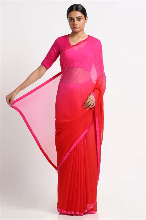 Pink Red Chiffon Ombre Saree – Via East