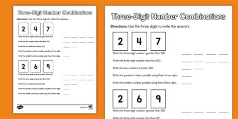 Second Grade Three-Digit Number Combinations Worksheet