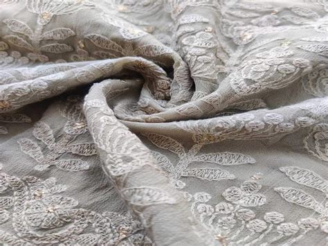 Sage Green Floral Lakhnawi Embroidered Pure Georgette Fabric (Wholesal