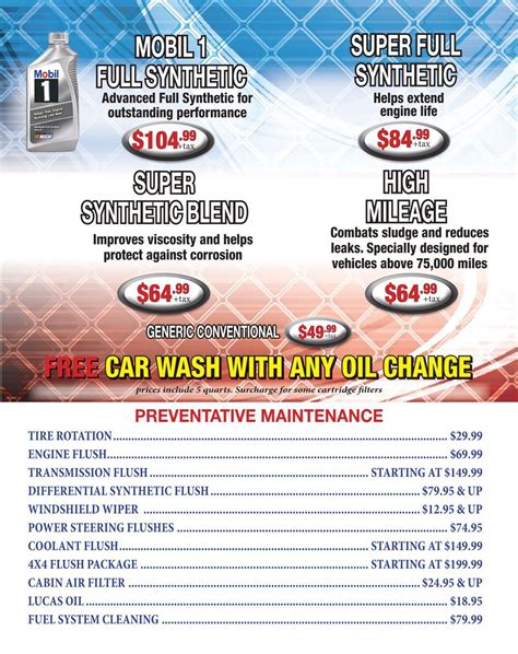 Image result for Oil Change Menu