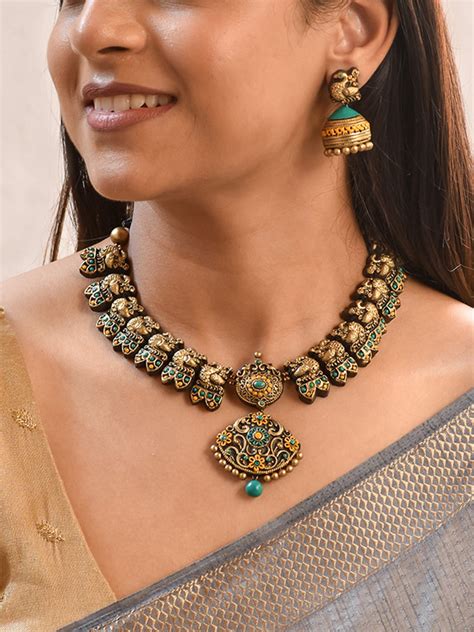 Handcrafted Peacock Motif Terracotta Jewellery Set in Green & Antique ...