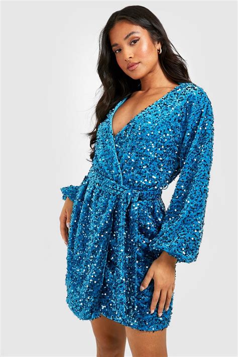 Petite Velvet Sequin Volume Sleeve Wrap Dress | boohoo UK