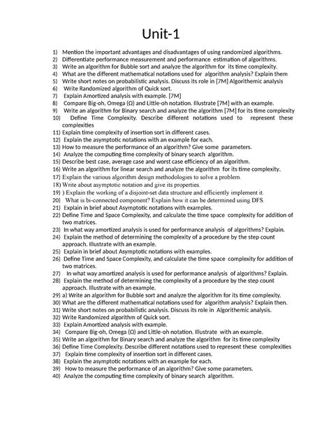 DAA Questions - 1) Mention the important advantages and disadvantages ...