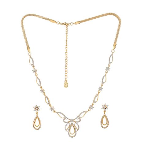Buy Estele 24 Kt Gold Plated Oval Halo American Diamond Necklace Set ...