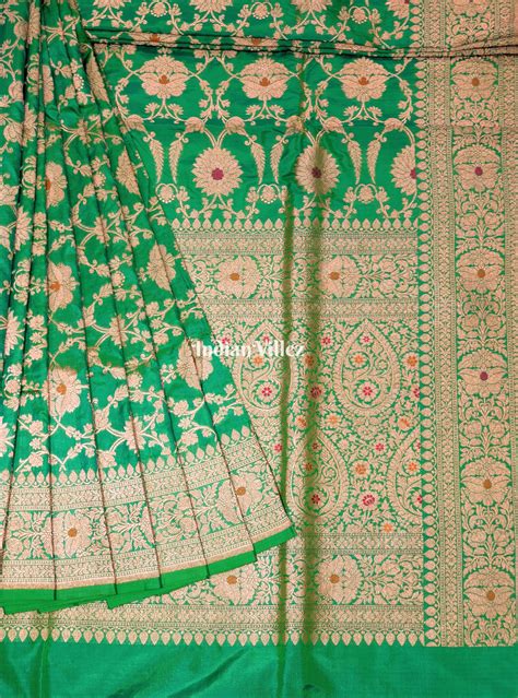 Parrot Green Floral Meenakari Banarasi Katan Silk Saree – IndianVillèz