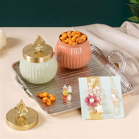 Rakhi Silver Tray Gift Hamper Set Of 8 Online - Premium Gift Hamper ...