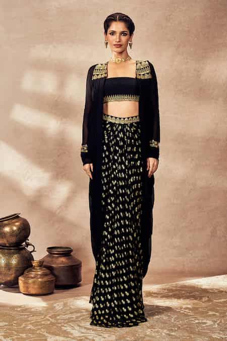 Buy Black Silk, Georgette Sequins Dori Embroidered Jacket Printed ...