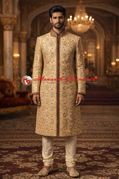 Beige Embroidered Wedding Sherwani for Men | Monarch Garments