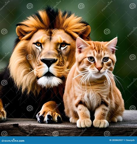 Adult Lion and House Cat Sitting Side by Side Stock Illustration ...