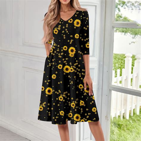 SAATLERI Sundresses for Women 3/4 Sleeve V Neck Boho Floral Summer ...