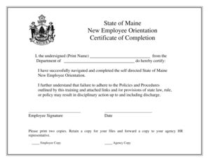 State of Maine New Employee Orientation Certificate - Blank Fillable ...