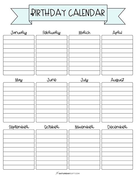 26 Cute & Free Printable Birthday Calendar Templates | SaturdayGift ...
