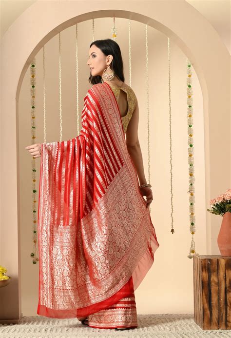 Red Pure Khaddi Georgette Banarasi Saree – The Weavers Shop by Raavi