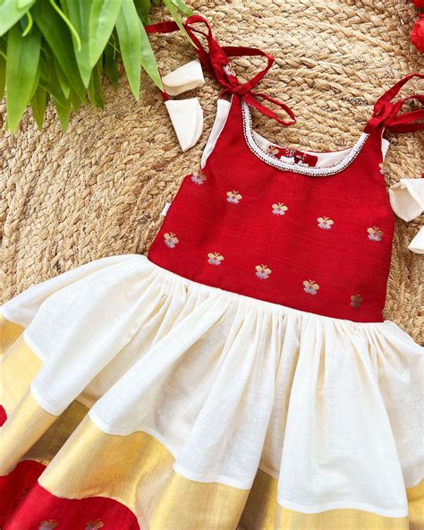 Cream & Maroon Onam Special Kerala Kasavu Frock for Baby Girls ...