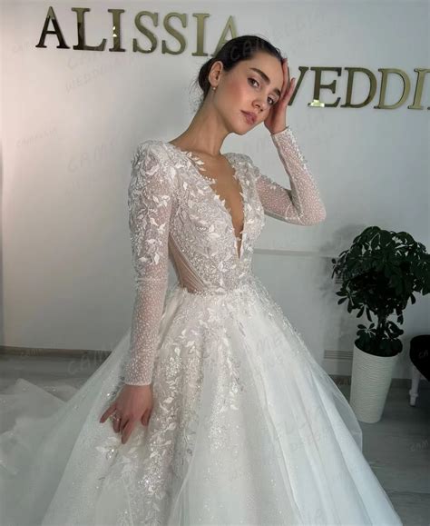 Luxury Wedding Dresses A Line Sexy V Neck Bridal Gowns Appliques Long Sleeve Backless Elegant ...