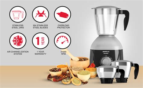 Buy Havells MIXWELL 500 W 3 Jar Mixer Grinder, 304 SS Blades I High ...