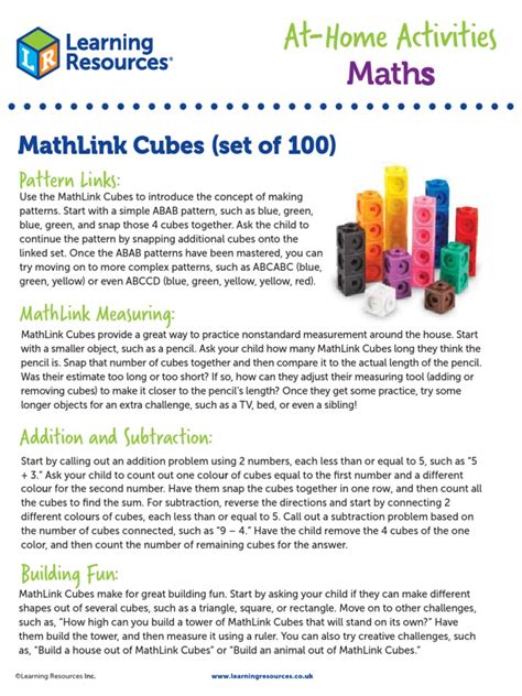 At-Home Activities Math MathLink Cubes Set of 100 | PDF