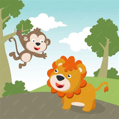 Premium Vector | Cartoon wild animals concept cute lion and monkey in ...