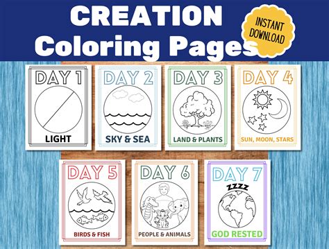 Days of Creation Kids Bible Coloring Pages, 7 Days of Creation Posters ...