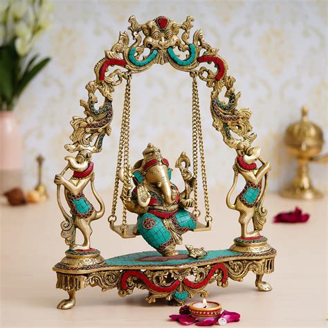 Lord Ganesha on a Swing Handcrafted Brass Idol with Stone Work ...