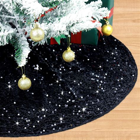 FUHSY 90cm Sequin Velvet Christmas Tree Mat Black Glitter Embroidered ...