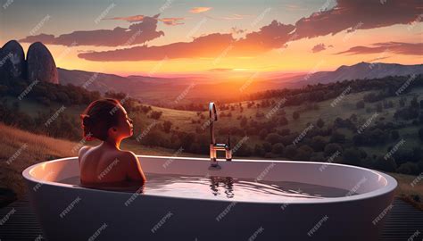 Premium AI Image | Young woman take bath outdoor at sunset girl rear view to nude back take ...