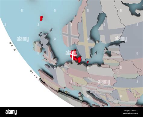 Map of Denmark on political globe with embedded flags. 3D illustration Stock Photo - Alamy