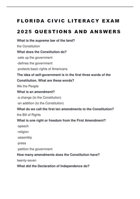 FLORIDA CIVIC LITERACY EXAM 2025 QUESTIONS AND ANSWERS - FLORIDA CIVIC ...