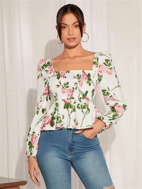 Floral Print Square Neck Peplum Blouse | SHEIN USA