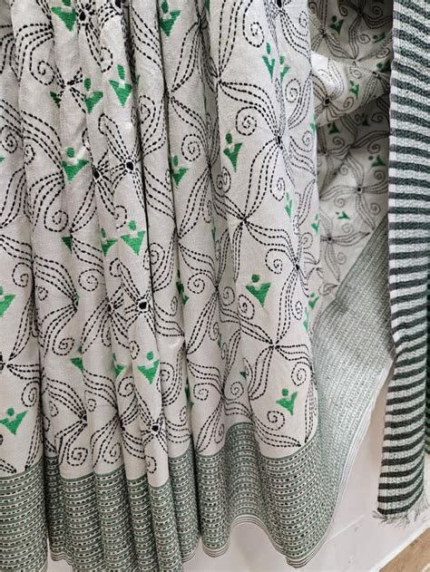Pure Katan Magic: White & Green Kantha Silk Saree by Balaram Saha