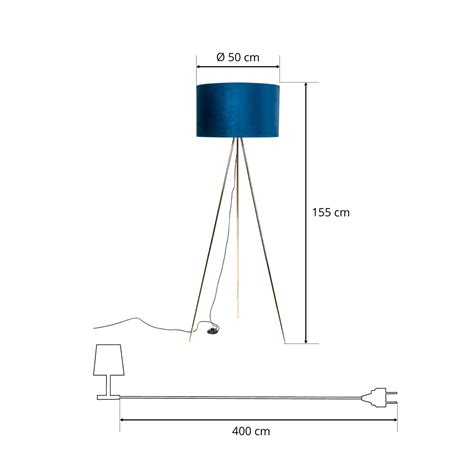 Monaco floor lamp, three-legged, gold, blue velvet | Lights.ie