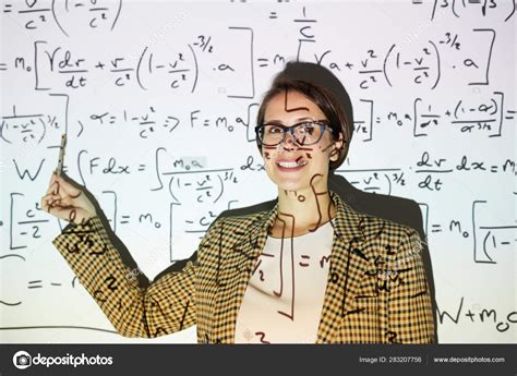 Waist Portrait Smiling Businesswoman Looking Camera Standing Projector Screen Mathematic — Stock ...