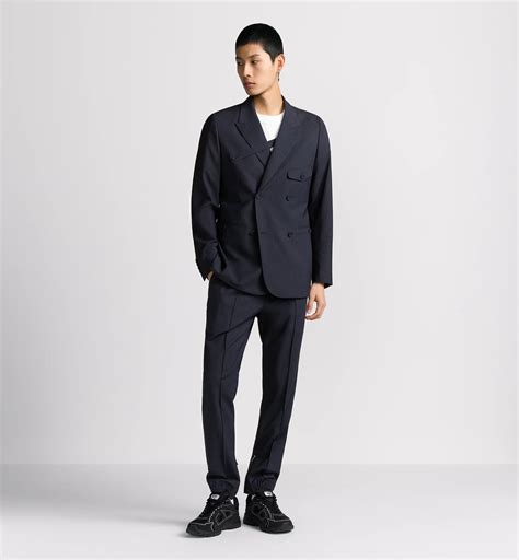Double-Breasted Jacket with Buttoned Strap Navy Blue Virgin Wool Blend | DIOR
