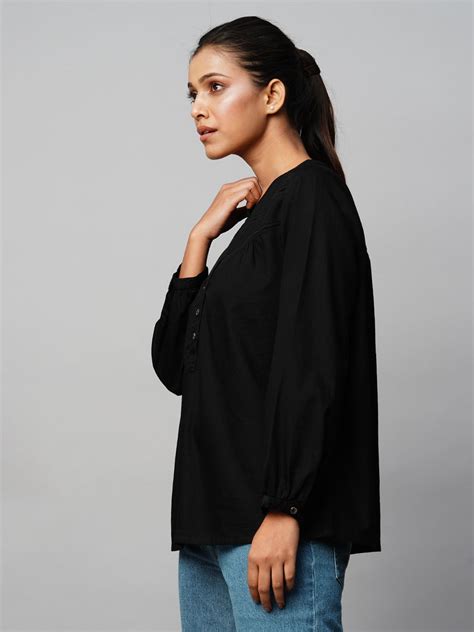 Buy Now Chemistry Black Denim Top With Lace Insert Yoke Detailing