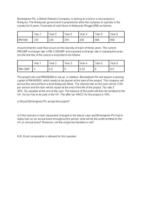 Foreign Project Appraisal: Investment Analysis for Birmingham Plc - Studocu