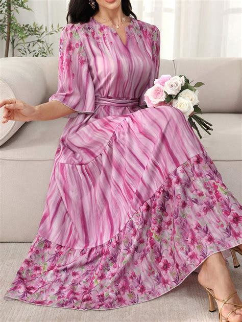 SHEIN Lacomfia Printed Short Sleeve Tie-Up Big Swing Women Dress ...